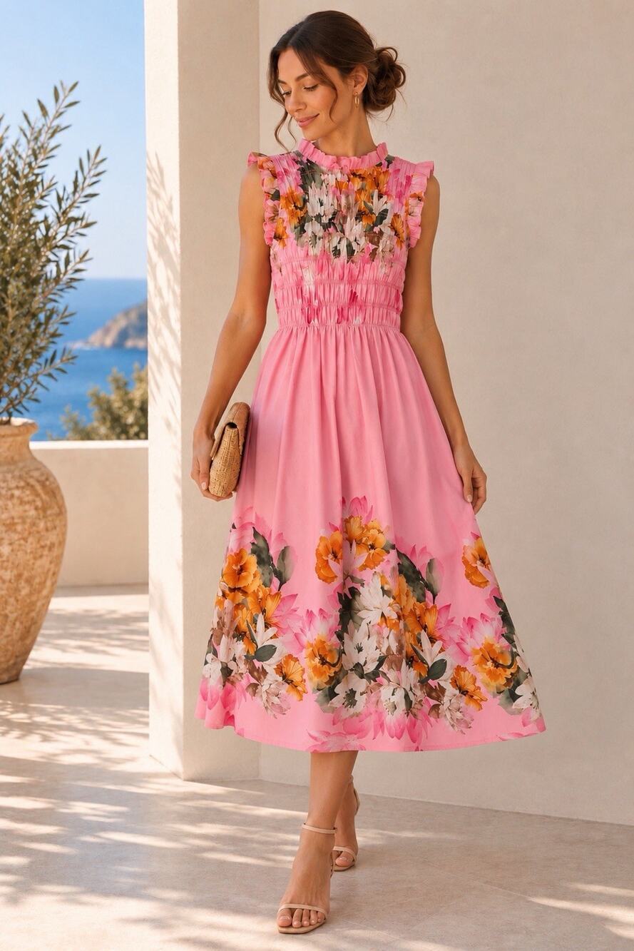 Bellambra Italy Pink Floral Midi Dress M 100% Cotton Smocked Ruffle Boho